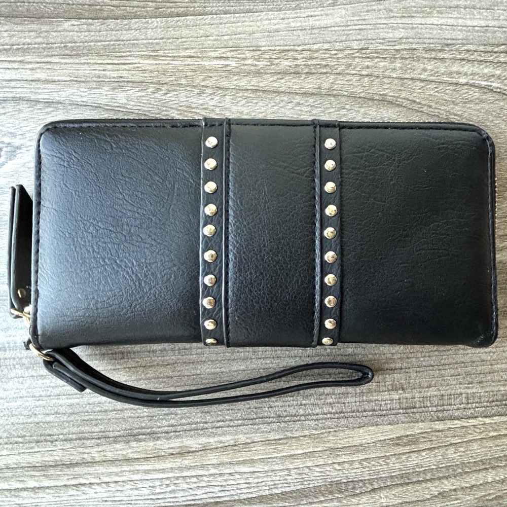 INC Black Gold Studded Zip Around Wristlet Wallet Vegan Faux Leather Organizer